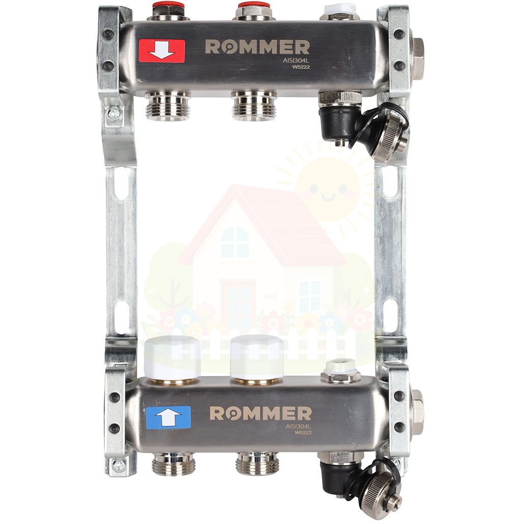 Инженерная сантехника Коллектор с запорными клапанами и кранами Rommer 1"x3/4" 2 контура — детальное фото