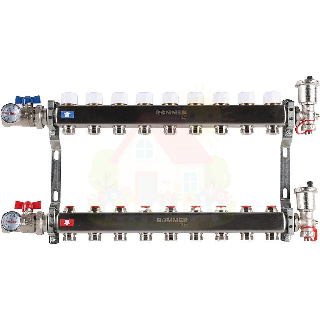 Инженерная сантехника Коллектор с запорными клапанами Rommer 1"x3/4" 5 контуров — детальное фото