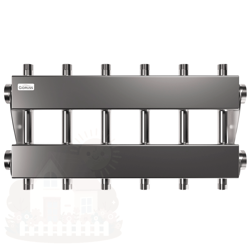 Купить Коллектор нержавеющий модульный Gidruss MKSS-150-6DUх25 до 150 кВт 1 1/2" 7 контуров — фото товара в каталоге