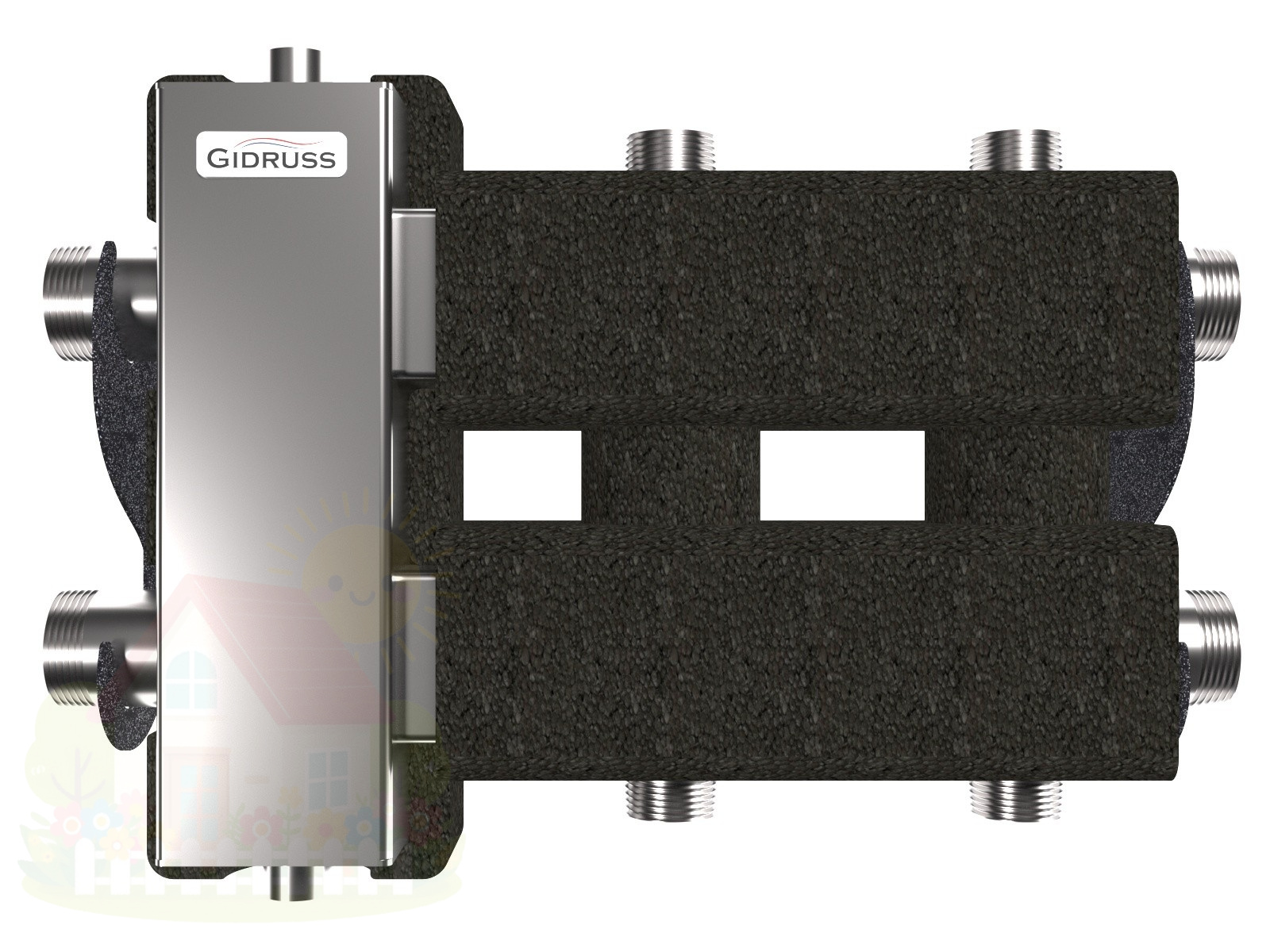 Купить Коллектор нержавеющий Gidruss BMSS-80-3DU EPP до 80 кВт 1 1/4"-1" 3 контура EPP термоизоляция — фото товара в каталоге