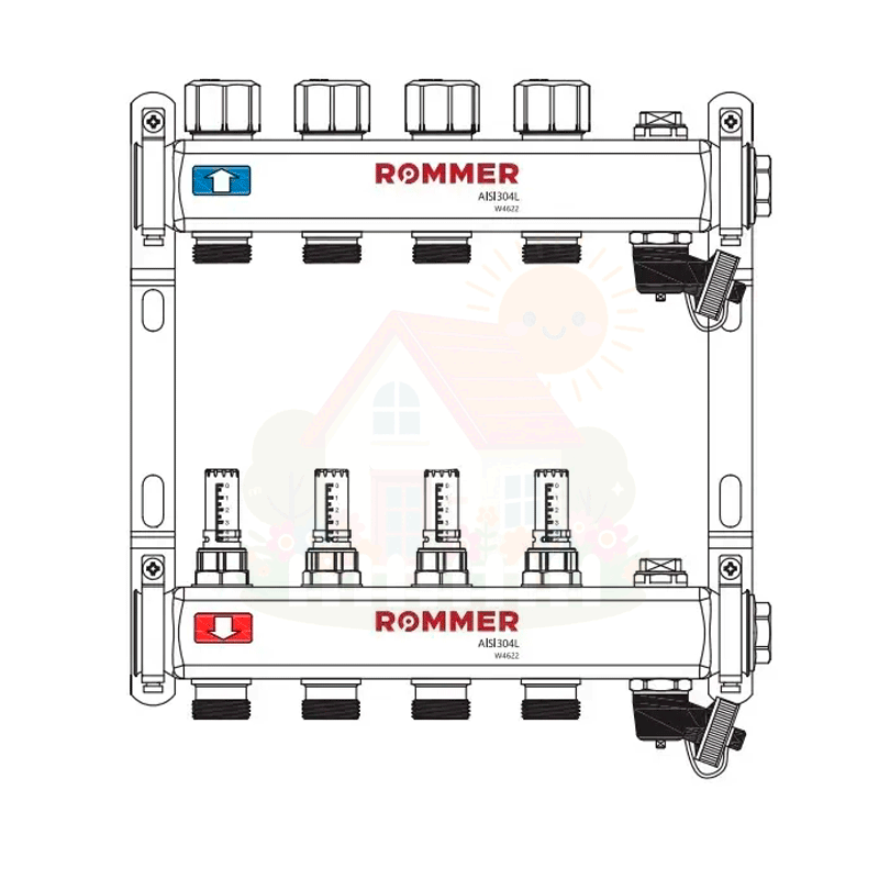 Инженерная сантехника Коллектор с расходомерами и запорными клапанами Rommer 1"x3/4" 3 контура — детальное фото