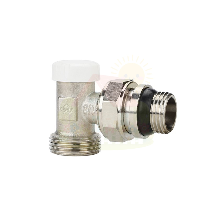 Инженерная сантехника Клапан запорный радиаторный угловой Varmega 1/2"х3/4"EK резьба НР/НР, с самоуплотняющимся полусгоном — детальное фото