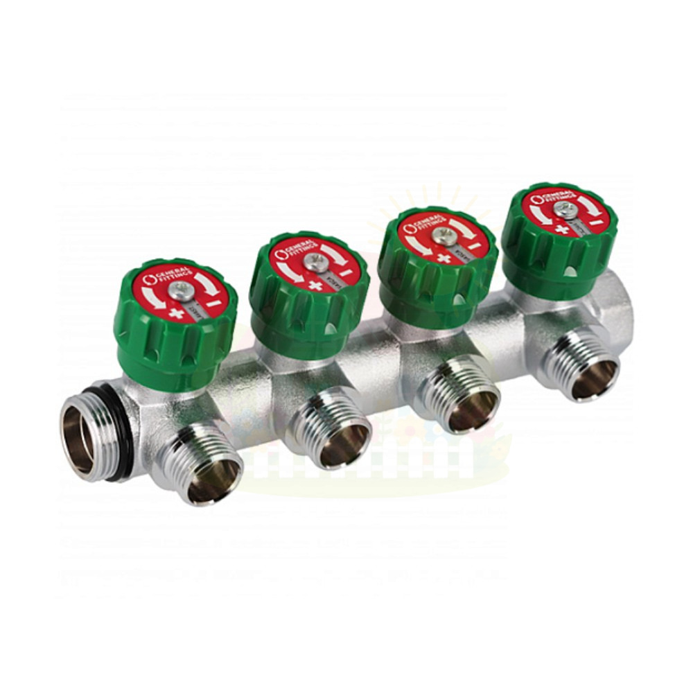 Инженерная сантехника Коллектор Hoobs 3/4"x4x3/4"EK латунный хром. с вентилями 4 выхода, зеленая ручка 03103H — детальное фото