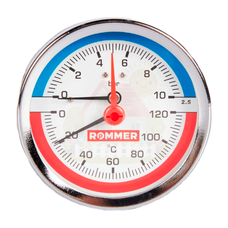 Инженерная сантехника Термоманометр аксиальный Rommer 80 мм 1/2" 0-10 бар с клапаном — детальное фото