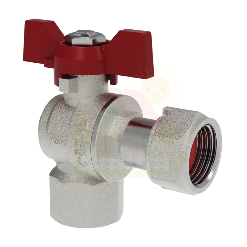 Инженерная сантехника Кран шаровой угловой V&G Valogin 1/2" с НГ гайкой ВР/ВР резьба, ручка бабочка — детальное фото