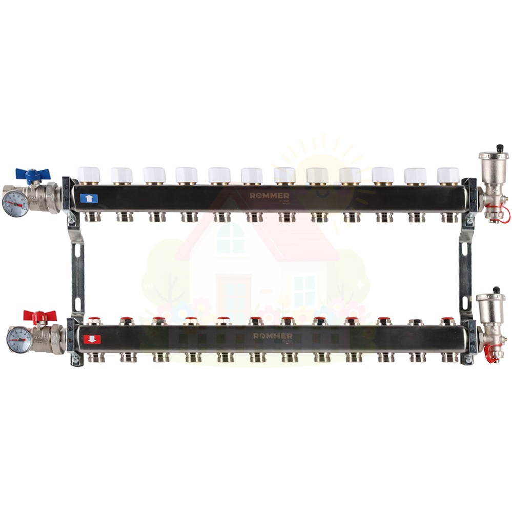 Инженерная сантехника Коллектор с запорными клапанами в сборе Rommer 1"x3/4" 11 контуров — детальное фото