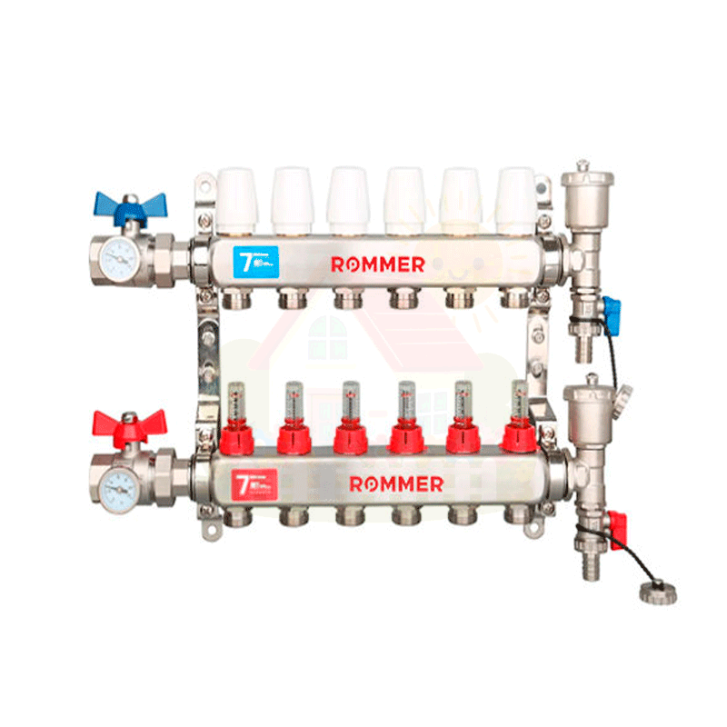 Инженерная сантехника Коллектор с расходомерами в сборе Rommer 1"x3/4" 5 контуров — детальное фото