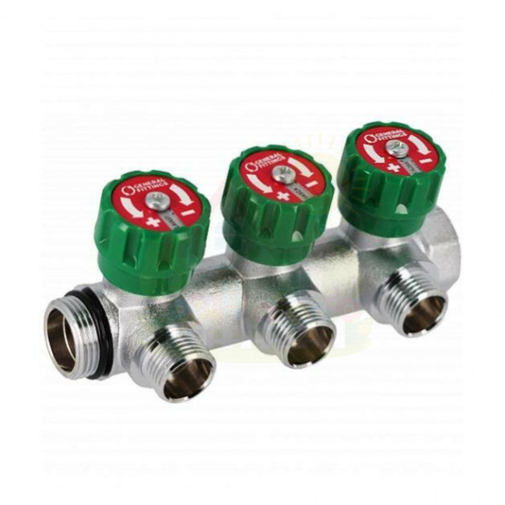 Инженерная сантехника Коллектор Hoobs 3/4"x3x3/4"EK латунный хром. с вентилями 3 выхода, зеленая ручка 03102H — детальное фото