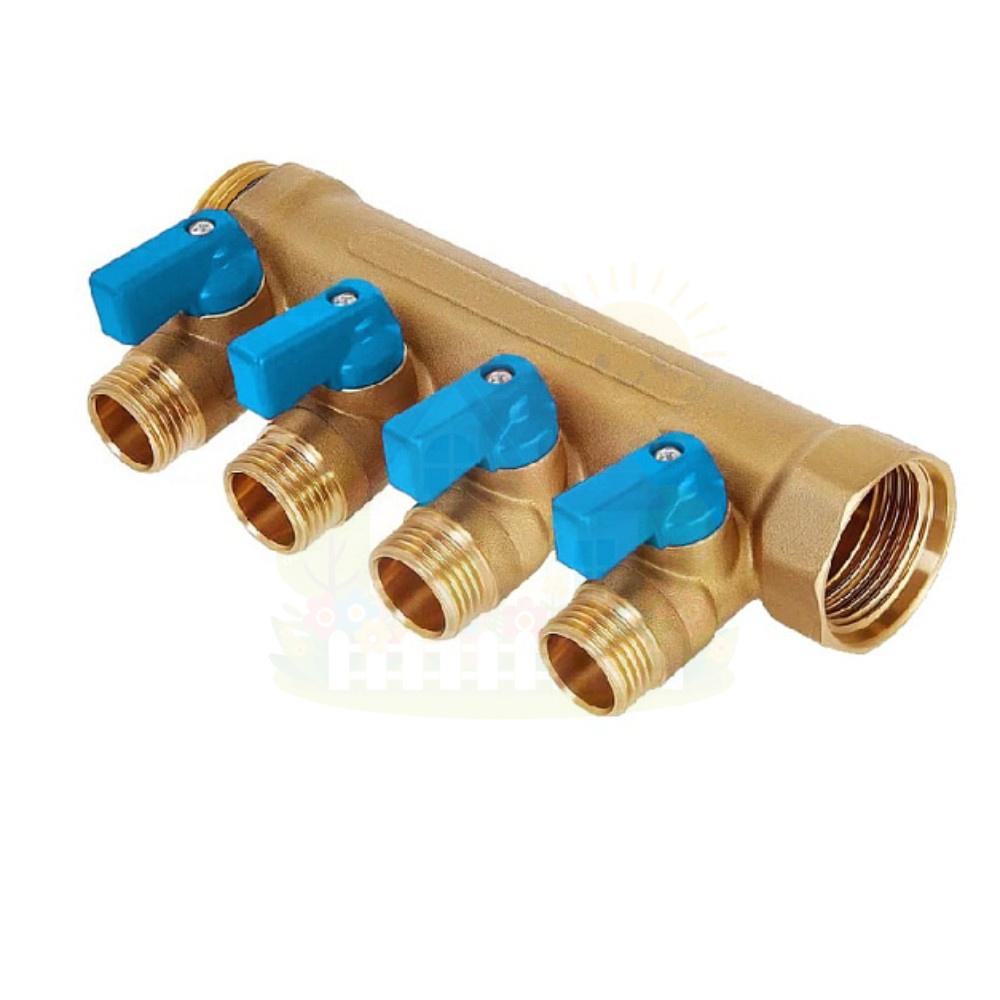 Инженерная сантехника Коллектор Hoobs 3/4"х4х1/2"EK с шаровыми кранами, латунь, синяя ручка HB-6200R6H0504B4A — детальное фото