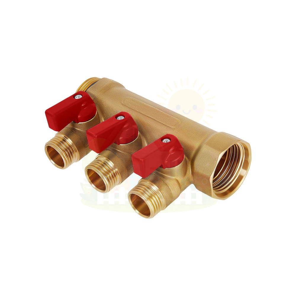 Инженерная сантехника Коллектор Hoobs 3/4"х3х1/2"EK с шаровыми кранами, латунь, красная ручка HB-6200R6H0504R3A — детальное фото