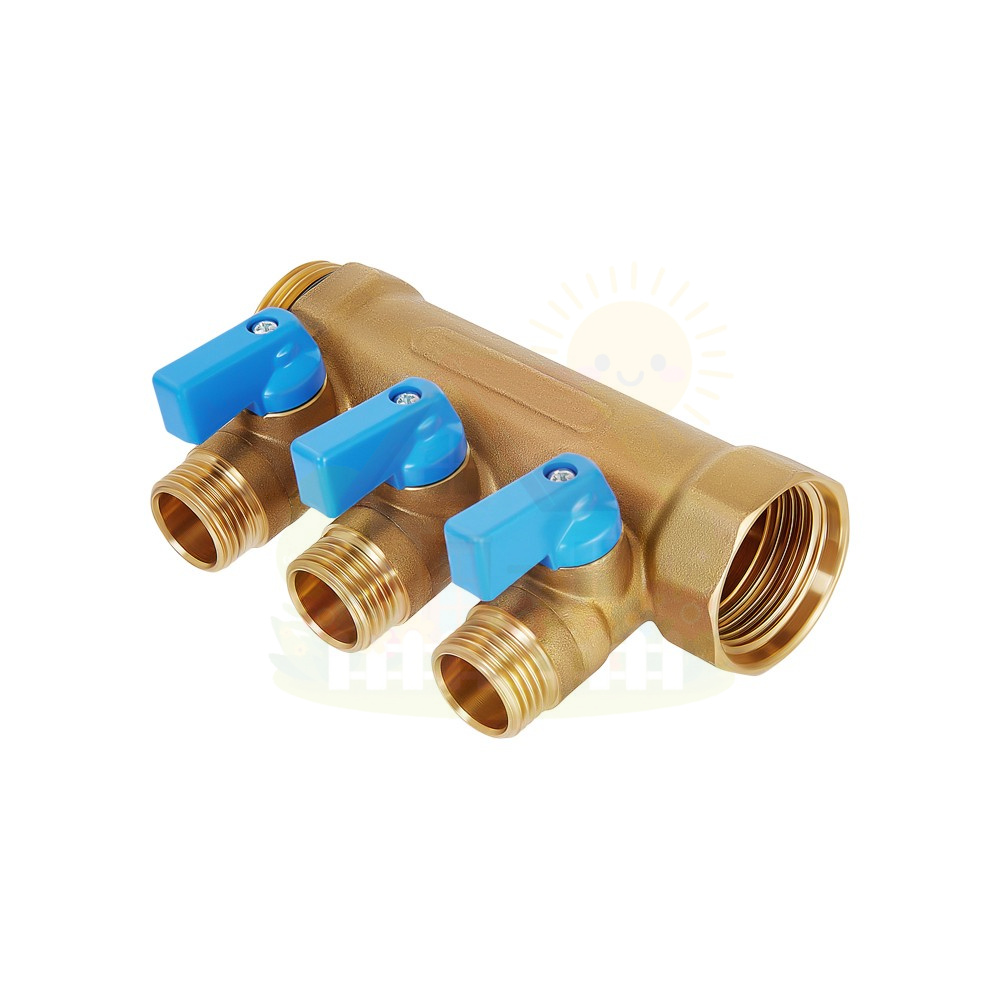 Инженерная сантехника Коллектор Hoobs 1"х 3х1/2"E с шаровыми кранами, латунь, синяя ручка HB-6200R6H1004B3A — детальное фото