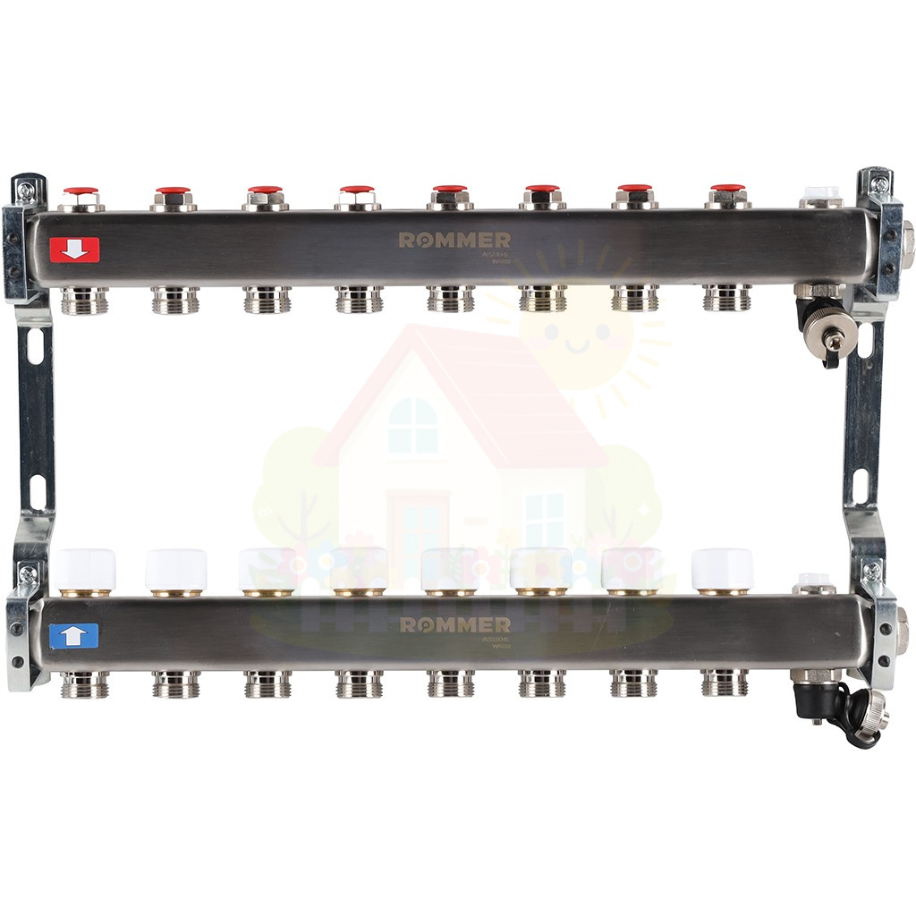 Инженерная сантехника Коллектор с запорными клапанами и кранами Rommer 1"x3/4" 5 контуров — детальное фото