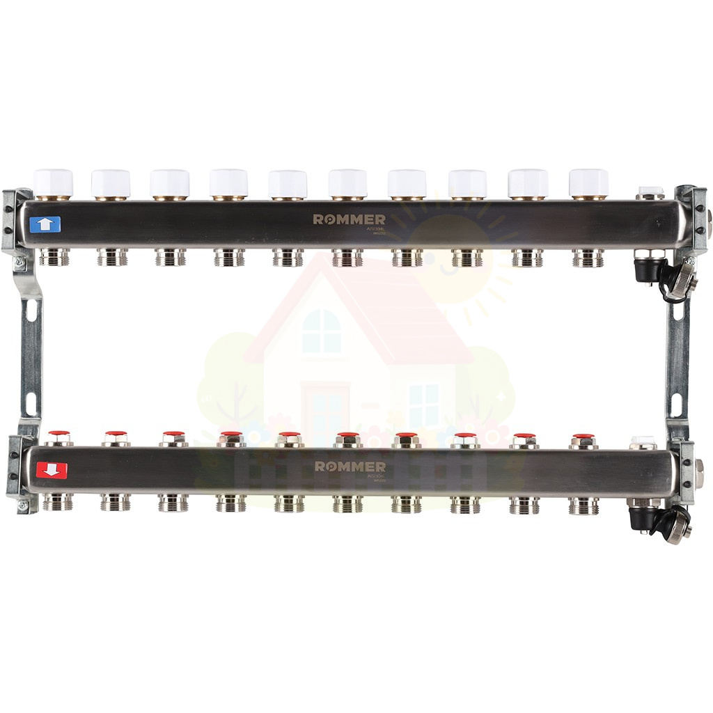 Инженерная сантехника Коллектор с запорными клапанами и кранами Rommer 1"x3/4" 7 контуров — детальное фото