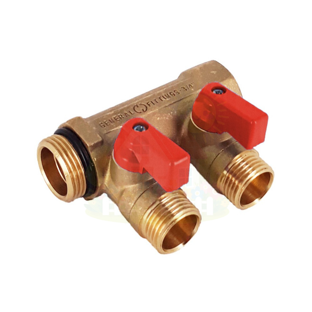 Инженерная сантехника Коллектор Hoobs 1"х2х1/2"EK с шаровыми кранами, латунь, красная ручка HB-6200R6H1004R2A — детальное фото