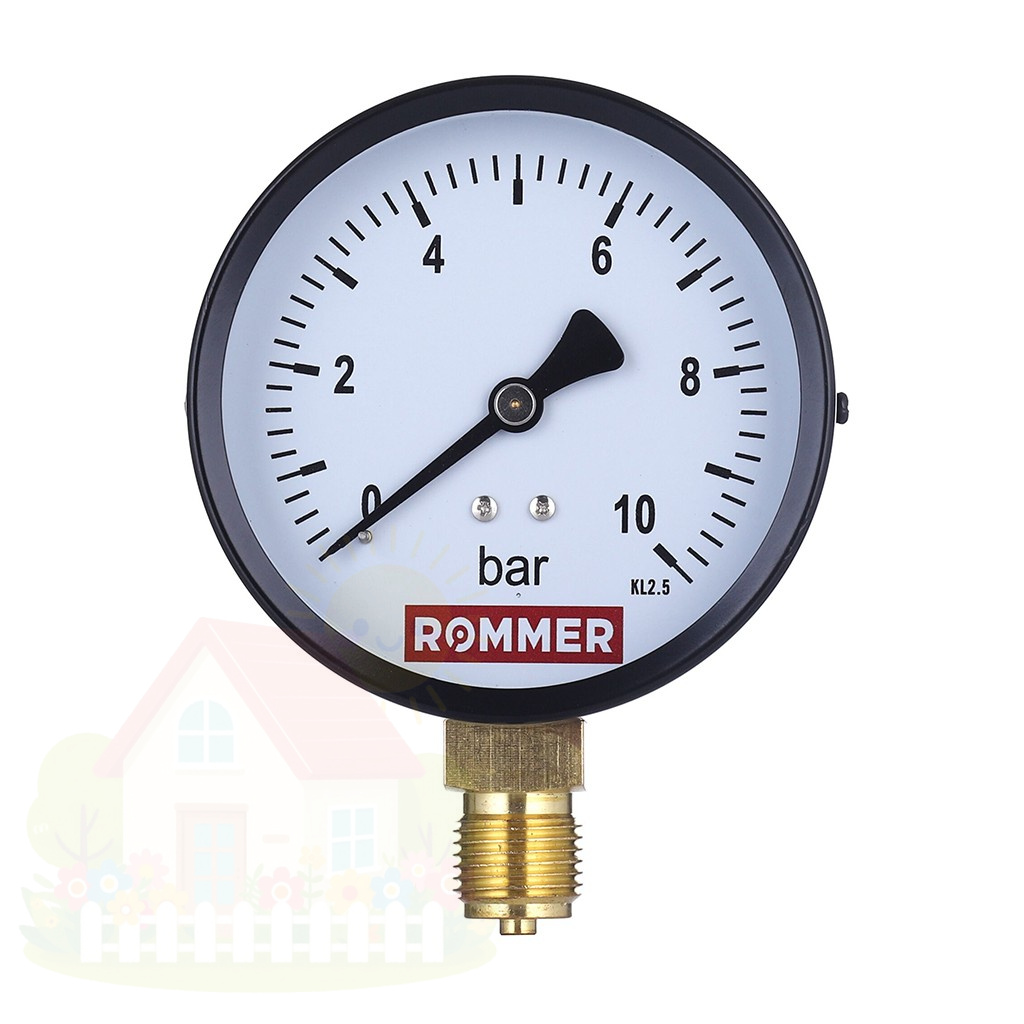 Купить Манометр радиальный Rommer 100 мм 1/2" 0-10 бар — фото товара в каталоге