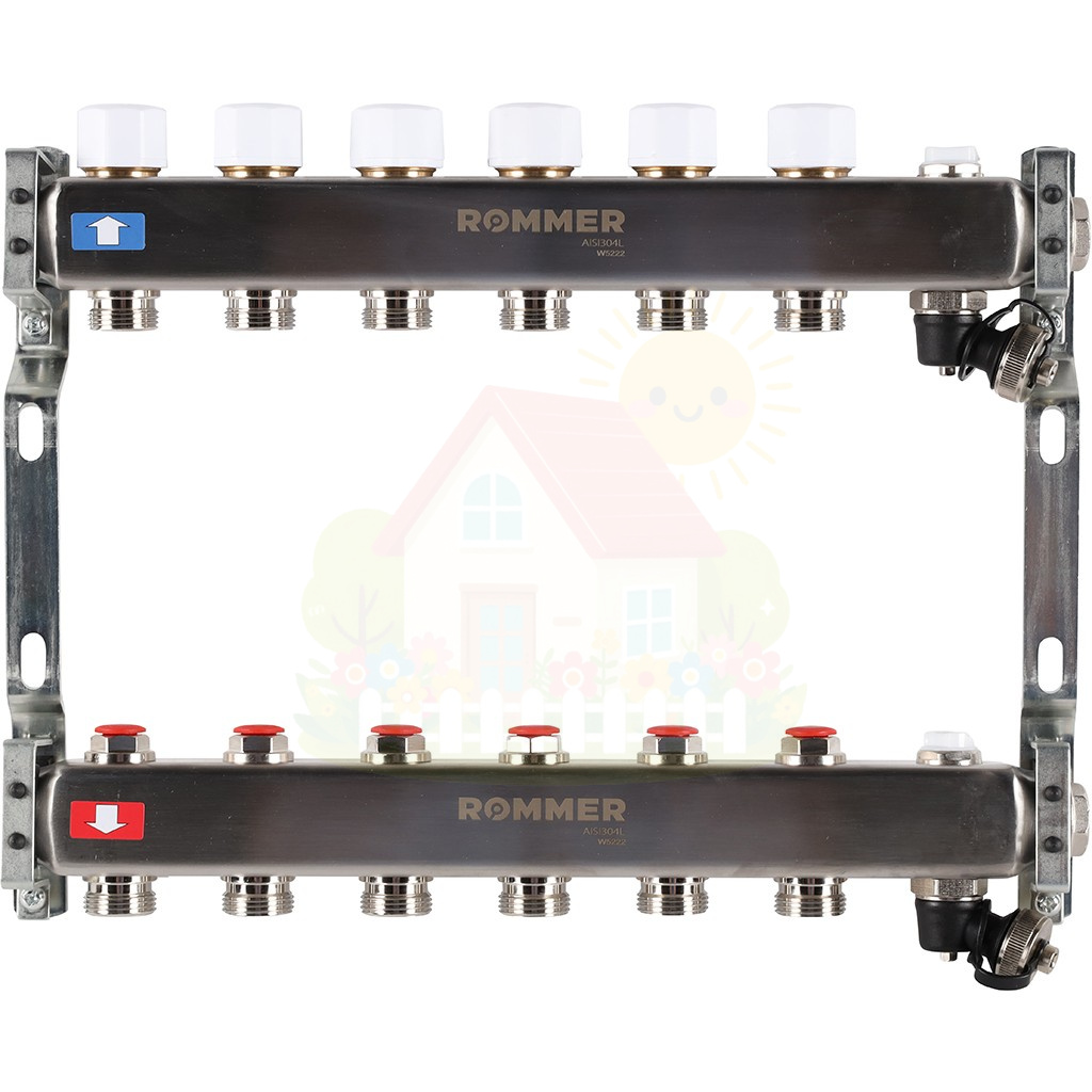 Инженерная сантехника Коллектор с запорными клапанами и кранами Rommer 1"x3/4" 6 контуров — детальное фото