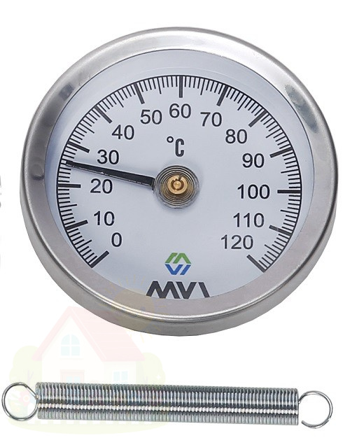 Купить Термометр аксиальный MVI, биметаллический, диапазон показаний от 0°C до 120°C, диаметр корпуса 63 мм, погружной, подключение G1/2 — фото товара в каталоге