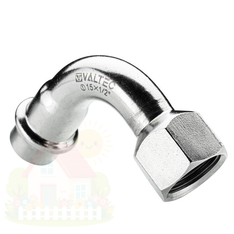 Купить Пресс-отвод 90° Valtec 15х1/2" с ВР резьбой из нержавейки арт.VTi.956.I.001504 — фото товара в каталоге