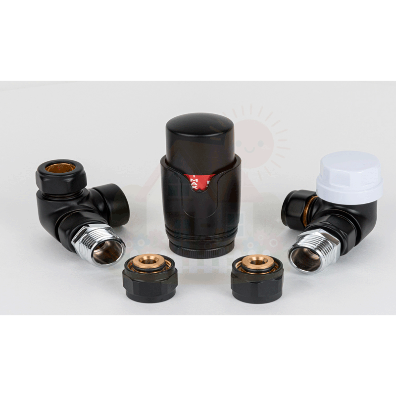 Инженерная сантехника Комплект вентилей Delta Mini 1/2" трехосевой левый с термоголовкой М30x1.5 черный — детальное фото