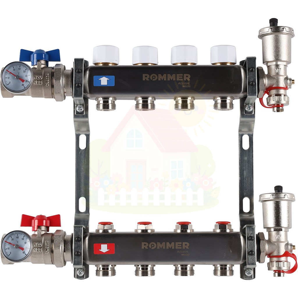 Инженерная сантехника Коллектор с запорными клапанами в сборе Rommer 1"x3/4" 2 контура — детальное фото
