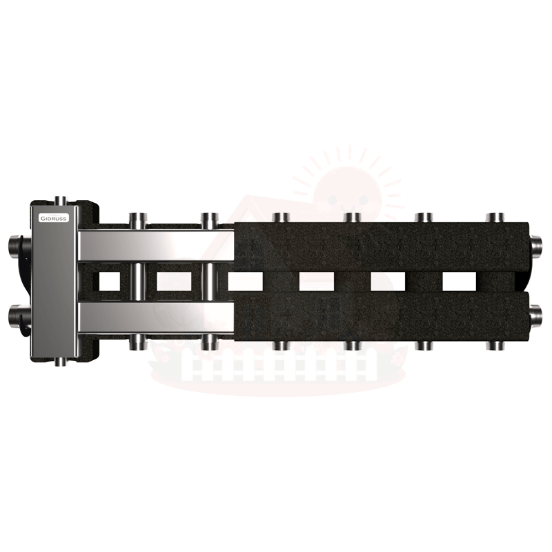 Инженерная сантехника Коллектор нержавеющий Gidruss BMSS-80-7DU EPP до 80 кВт 1 1/4"-1" 7 контуров EPP термоизоляция — детальное фото