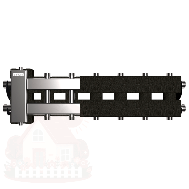 Купить Коллектор нержавеющий Gidruss BMSS-80-7DU EPP до 80 кВт 1 1/4"-1" 7 контуров EPP термоизоляция — фото товара в каталоге