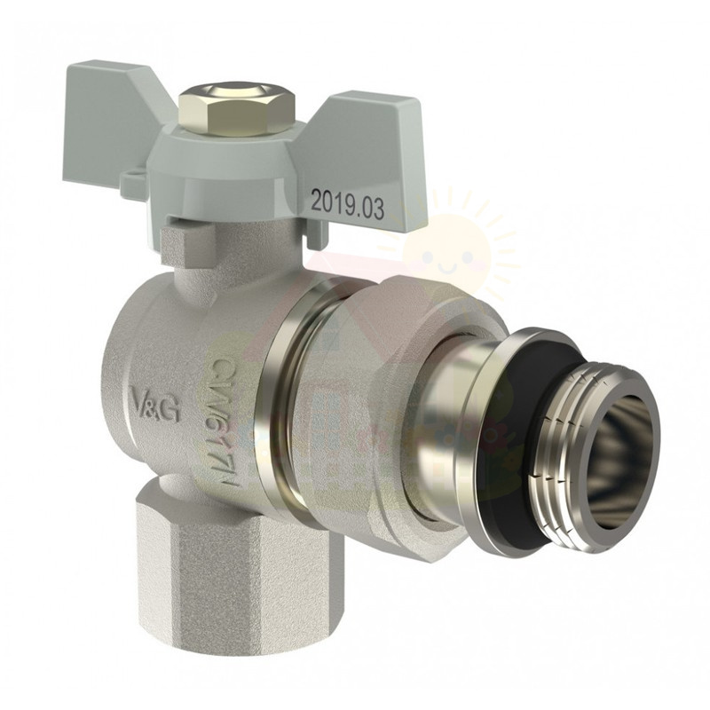 Инженерная сантехника Кран шаровой угловой V&G Valogin 1/2" с полусгоном и уплотнительным кольцом ВР/НР резьба, ручка бабочка — детальное фото