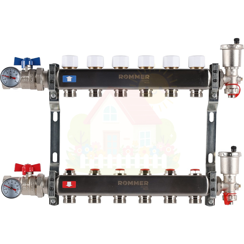 Инженерная сантехника Коллектор с запорными клапанами в сборе Rommer 1"x3/4" 10 контуров — детальное фото
