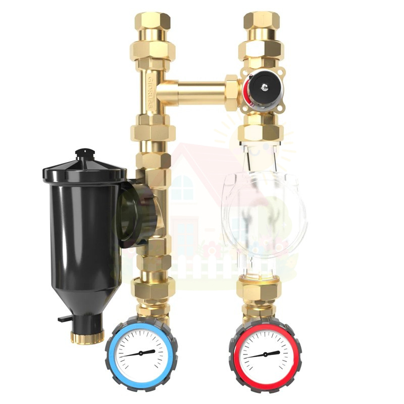 Инженерная сантехника Насосная группа GIDRUSS NG 2505D 25 1" дэшламатор Stout поворотный смеситель краны Gidruss с термометрами — детальное фото