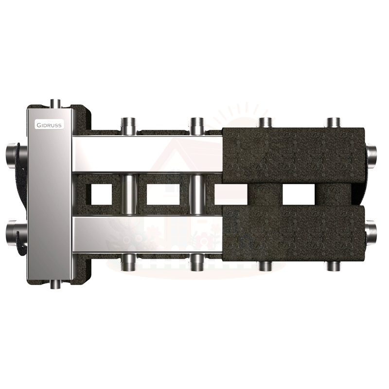 Инженерная сантехника Коллектор нержавеющий Gidruss BMSS-80-5DU EPP до 80 кВт 1 1/4"-1" 5 контуров EPP термоизоляция — детальное фото