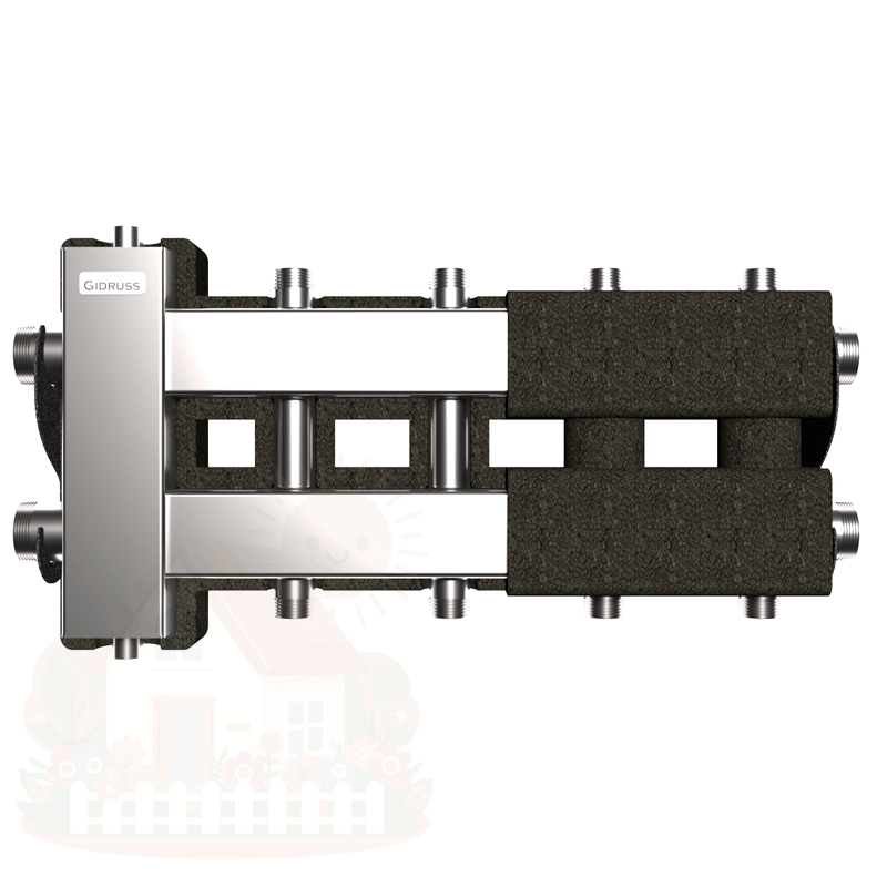 Купить Коллектор нержавеющий Gidruss BMSS-80-5DU EPP до 80 кВт 1 1/4"-1" 5 контуров EPP термоизоляция — фото товара в каталоге