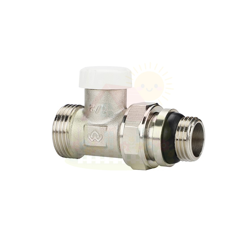 Инженерная сантехника Клапан запорный радиаторный прямой Varmega 1/2"х3/4"EK резьба НР/НР, с самоуплотняющимся полусгоном — детальное фото