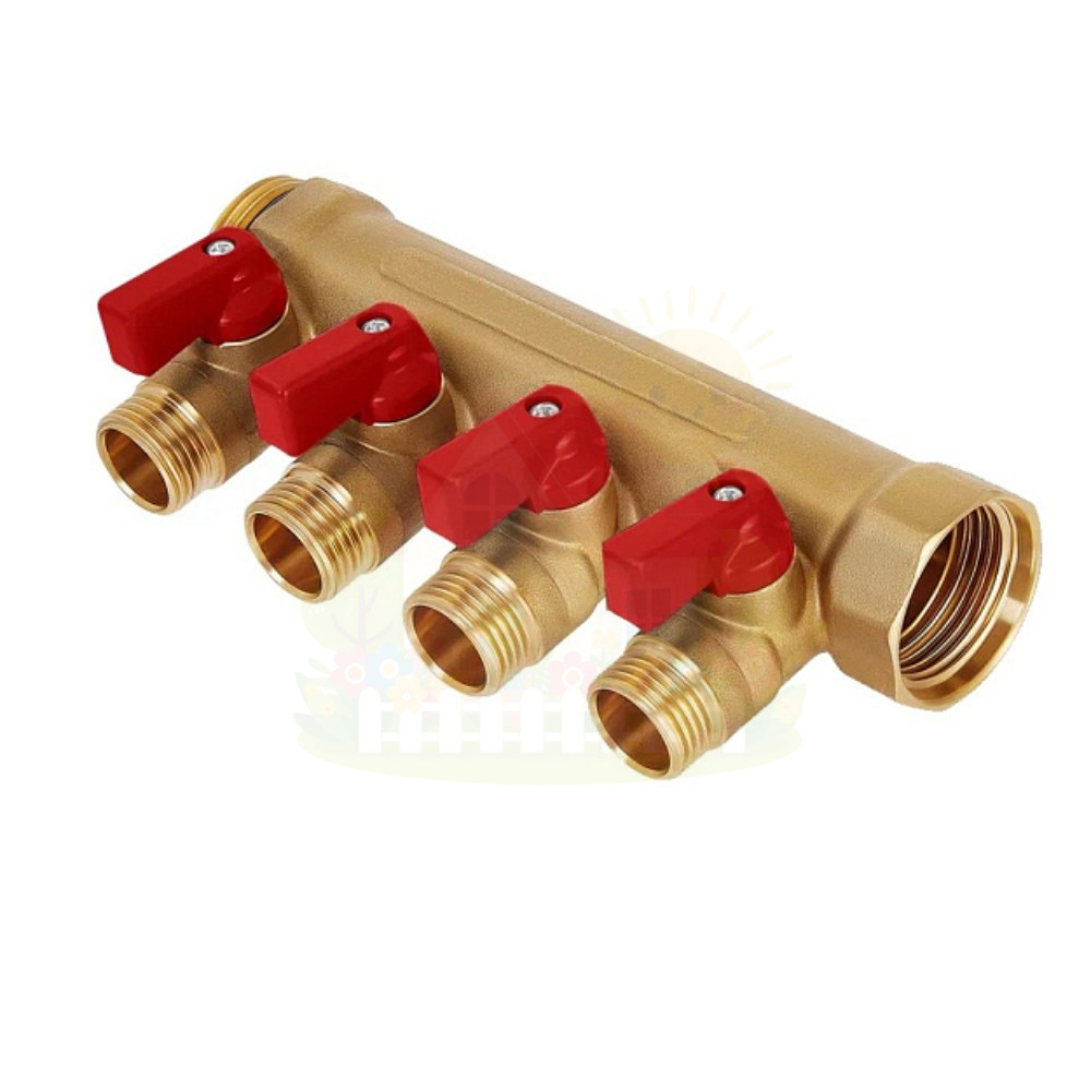 Инженерная сантехника Коллектор Hoobs 3/4"х4х1/2"EK с шаровыми кранами, латунь, красная ручка HB-6200R6H0504R4A — детальное фото