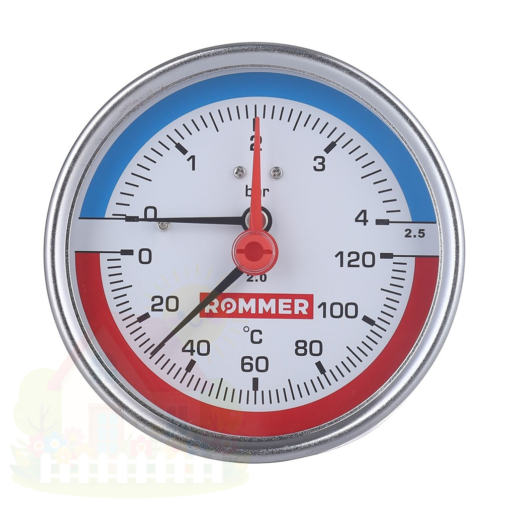 Купить Термоманометр аксиальный Rommer 80 мм 1/2" 0-4 бар с клапаном — фото товара в каталоге