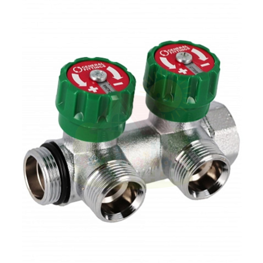 Инженерная сантехника Коллектор Hoobs 3/4"x2x3/4"EK латунный хром. с вентилями 2 выхода, зеленая ручка 03101H — детальное фото