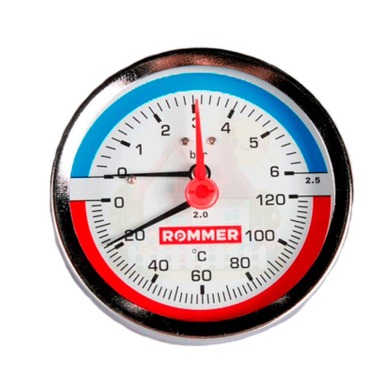 Инженерная сантехника Термоманометр аксиальный Rommer 80 мм 1/2" 0-6 бар с клапаном — детальное фото