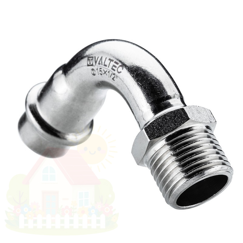 Купить Пресс-отвод 90° Valtec 22х1/2" с НР резьбой из нержавейки арт.VTi.957.I.002204 — фото товара в каталоге