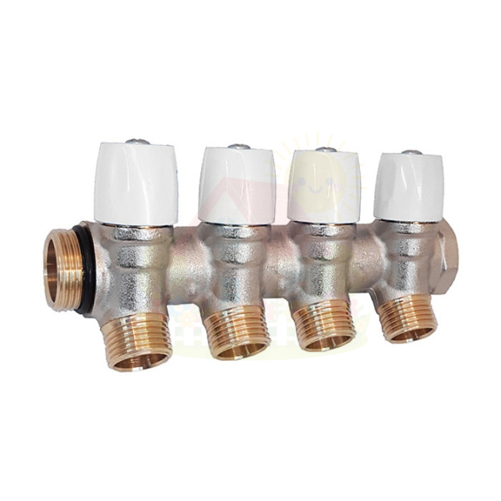 Инженерная сантехника Коллектор Hoobs 3/4"х4х1/2"EK с вентилями, латунь никель, белая ручка HB-6200E7N0504W4A — детальное фото